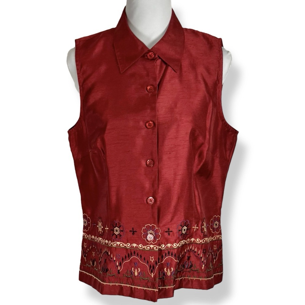 Vintage Sleeveless Button Down Top Shell Size 12 Vest Floral Embroidered Red 90s